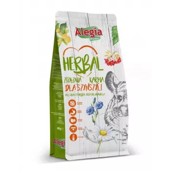 Sausas ėdalas Alegia Herbal šinšiloms 600 g — pilnavertis suaugusių šinšilų maistas be grūdų ir glitimo, vaisių skonio