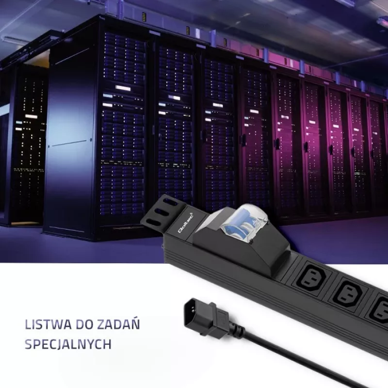 Qoltec 53999 19 colių stovo maitinimo juosta PDU, 1U, 8x IEC C13, 10 A, su automatiniu jungikliu, 2 m