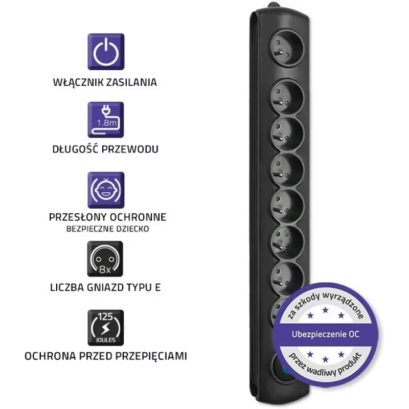 Qoltec 50113 apsauginis filtras 8 kištukiniai lizdai 230 V 1,8 m juodas