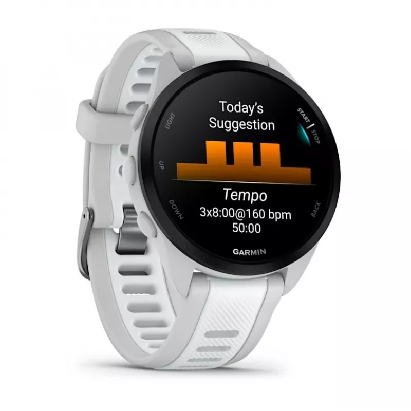 Išmanusis laikrodis GARMIN Forerunner 165 Music — GPS, 1,2 colio AMOLED, 43 mm korpusas, 11 dienų baterija, 5 ATM, 4 GB, Pilka