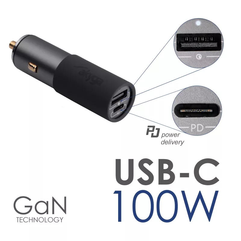 Akyga AK-CH-26 GaN automobilinis įkroviklis 12/24 V, 100 W, USB-C PD 3.0 + USB-A QC 3.0, pilkas