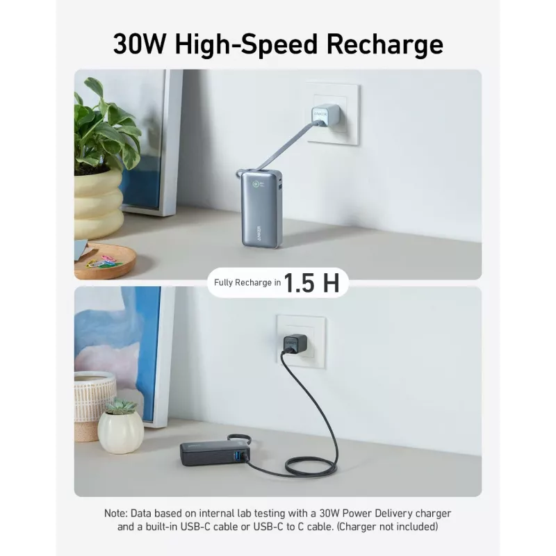 Anker Powerbank 545 NANO 30W 10000mAh su integruotu USB-C laidu, juoda
