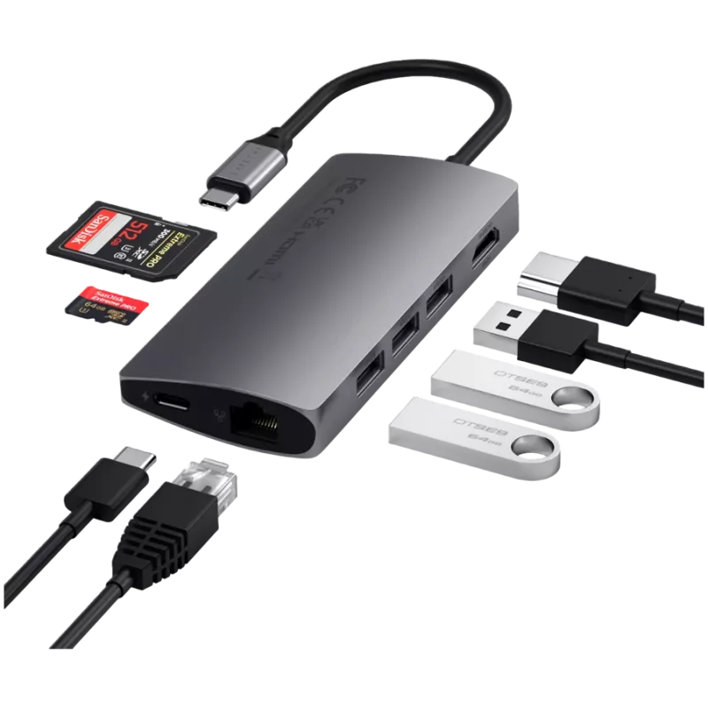 Satechi Aliumininis Adapteris V2 USB-C (USB-C, 3x USB-A, 4K HDMI, SD/microSD kortelių skaitytuvas, Ethernet) (žvaigždžių pilka)