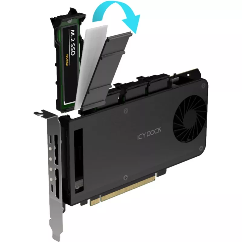„Icy Dock MB204MP-1B“ – mobilaus stovo adapterio kortelė, 4 × M.2 NVMe SSD karštojo keitimo dėklas