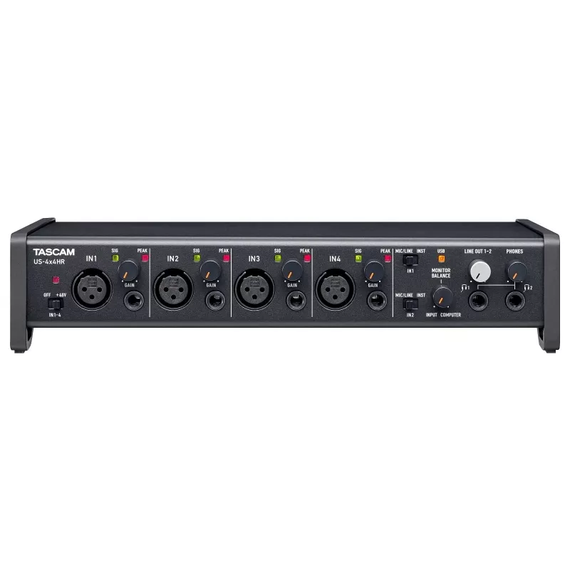 Garso sąsaja Tascam US-4X4HR – 4x XLR kombinuoti, 4 analoginiai išėjimai, 56 dB mikrofono stiprintuvas, 192 kHz, USB 2.0, stalinė, juoda