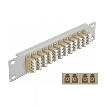 Šviesolaidinė skirstomoji panelė DeLOCK 10 inch 12 prievadų LC Quad smėlio spalvos 1U pilka