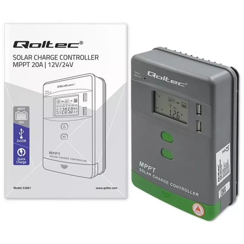 Qoltec saulės MPPT įkrovimo valdiklis su temperatūros jutikliu 20A 12V/24V LCD ekranas 2xUSB