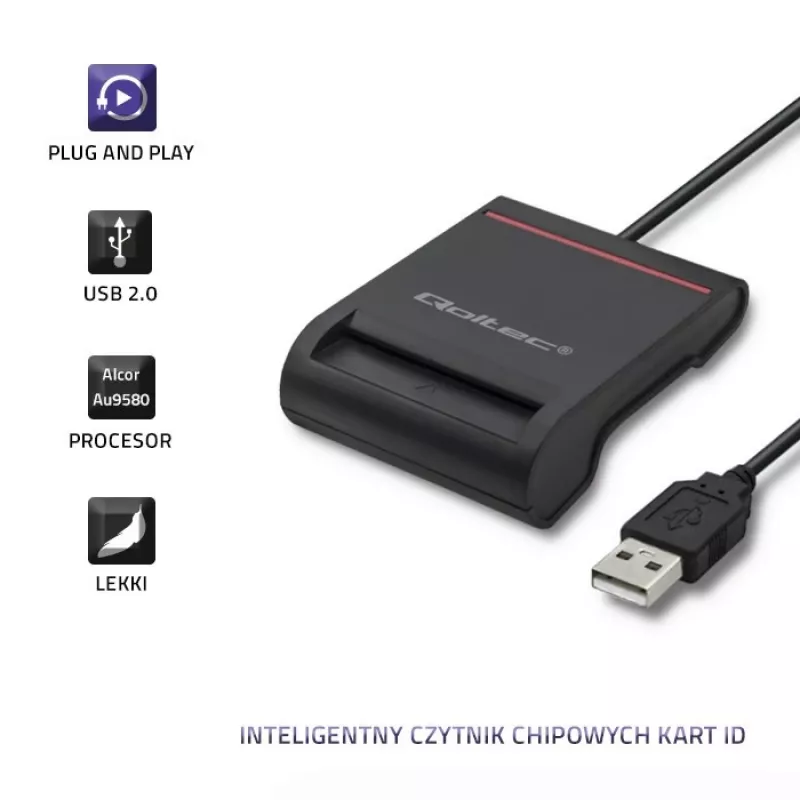 ID kortelių skaitytuvas QOLTEC Smart chip ID card scanner – USB, juodas, 84,5×65×16 mm, 63 g