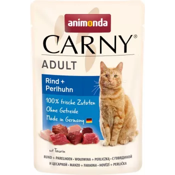 Šlapias kačių ėdalas animonda Carny Adult Beef & Guinea Fowl 85 g maišelis, be grūdų, be glitimo ir be cukraus