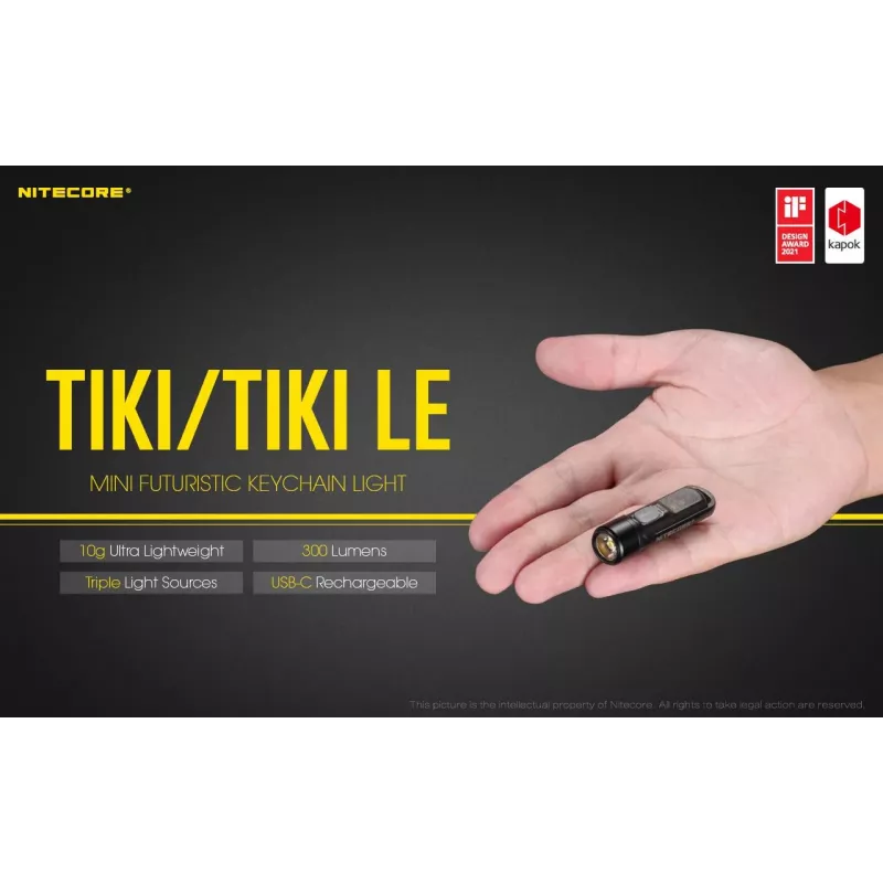 Rankinis žibintuvėlis Nitecore TIKI LE – 300 lm, USB įkraunamas, polikarbonatas, IP66, atsparus smūgiams, 10,5 g, 55 mm, Juodas