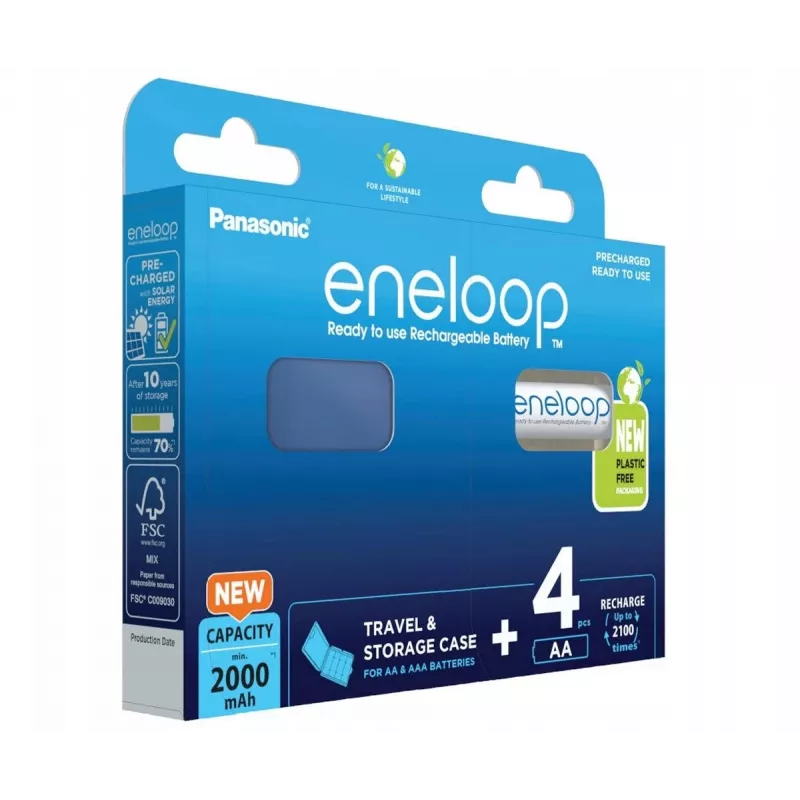 Įkraunamos baterijos PANASONIC ENELOOP AA 2000 mAh 4 vnt. + dėklas (BK-3MCDE/4CP+CASE)