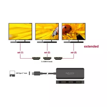 DeLOCK USB Type-C skirstytuvas DP Alt Mode į 3x HDMI MST 4K 60 Hz