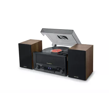 Namų audio midi sistema muse MT-120 MB — 20W RMS, 2 krypčių garsiakalbiai, AC 100–240V 50/60Hz, juoda/permatoma/mediena