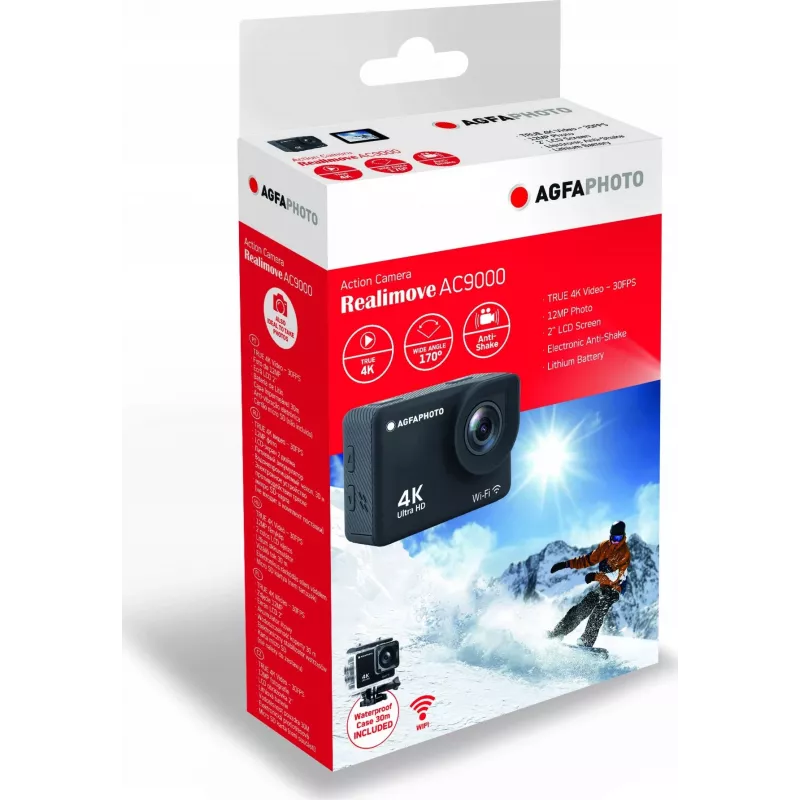 Veiksmo kamera AgfaPhoto Action Cam AC9000BK, 4K, vandeniui atspari, Wi-Fi, lėtas judesys / laiko intervalas