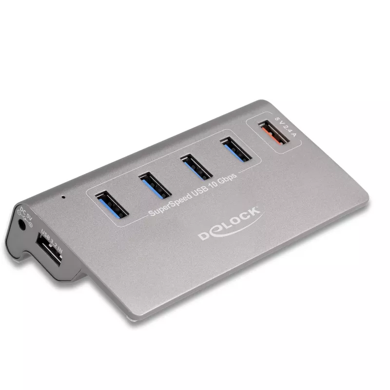 DeLOCK USB 3.2 Gen 2 šakotuvas, 4× USB-A duomenų prievadai + 1 greito įkrovimo prievadas, 10 Gbps, metalinis korpusas