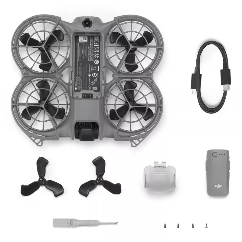 Dronas DJI Neo 2 – 4 rotoriai, 12 MP kamera, 2688×1512 vaizdo įrašas, 1606 mAh baterija, 49 GB vidinė atmintis, Wi‑Fi ir Bluetooth