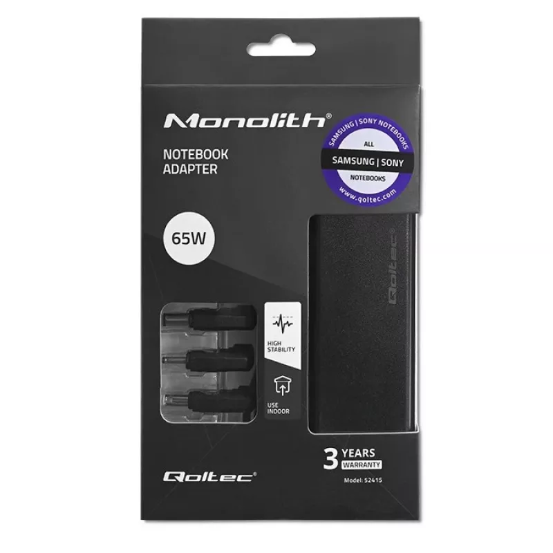 Qoltec 52415 Maitinimo adapteris, skirtas Samsung Sony 65W | 3 kištukai | +maitinimo laidas