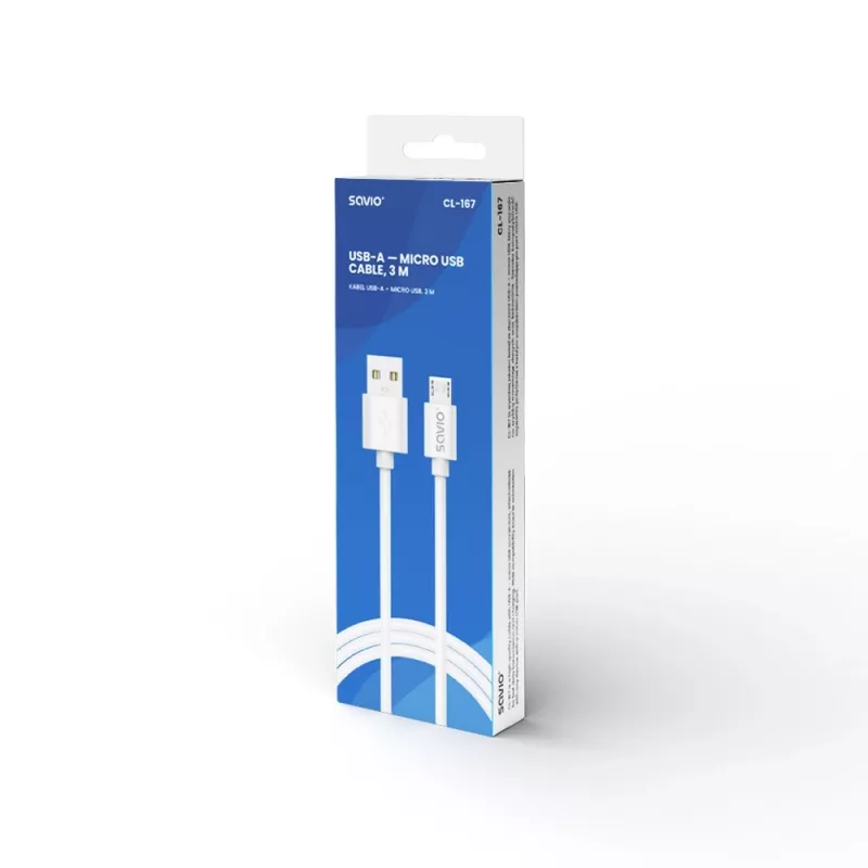 Savio USB 2.0 USB A - Micro USB balta CL-167 3 m laidas