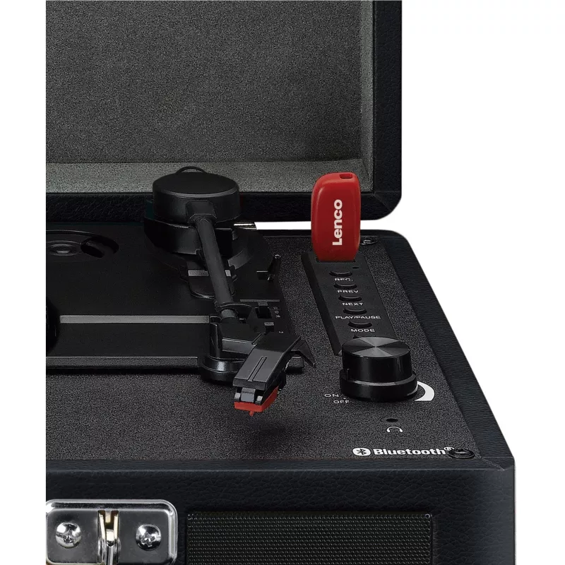 Patefono grotuvas su diržine pavara Lenco TT-115 Juodas – nešiojamas lagamininis patefonas, Bluetooth 5.0, USB įrašymas, 33/45/78 aps./min.