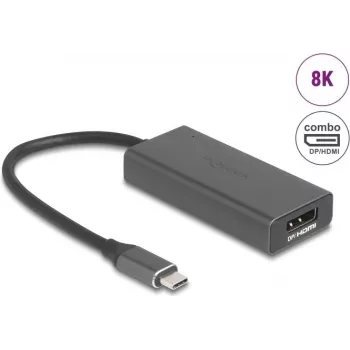 DELOCK 64316 vaizdo kabelio adapteris USB Type-C į HDMI + DisplayPort, 0,15 m, aliuminis, pilka