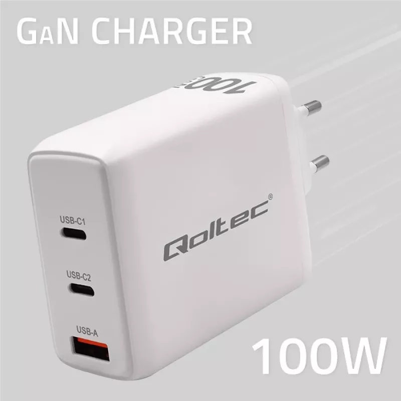 QOLTEC 100W GaN USB-C Dual PD 5–20V 1.5–5A, 2×USB-C Įkroviklis