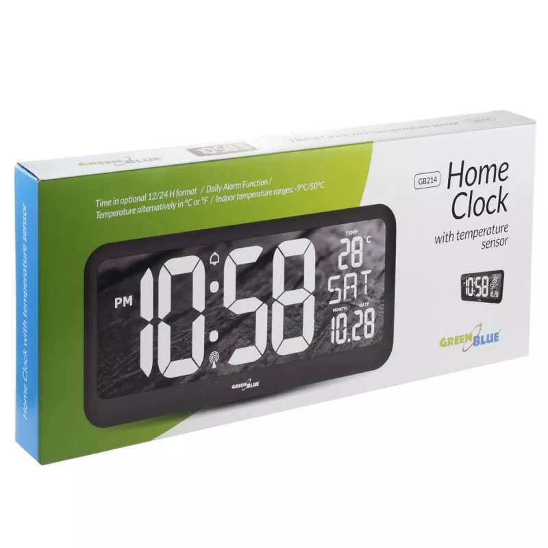 Didelis skaitmeninis laikrodis sieninis arba ant stovo su temperatūros jutikliu, 37x17 cm LCD ekranas, maitinamas adapteriu ir baterijomis