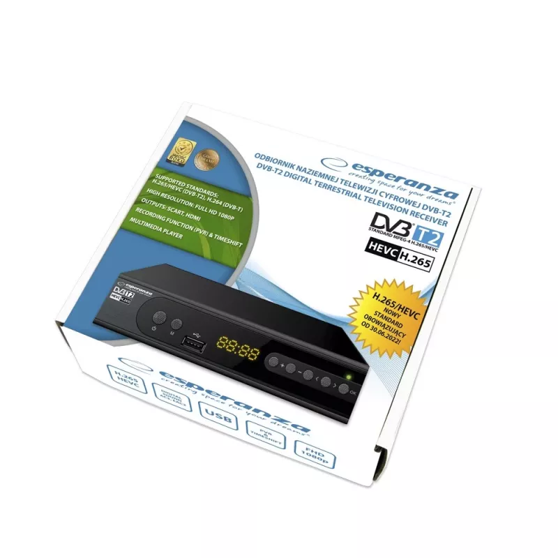 Set-top box ESPERANZA EV106R kabelinis imtuvas DVB-T2 / DVB-C HEVC H.265, HDMI, USB, PVR, Dolby Digital, 174–790 MHz, juodas