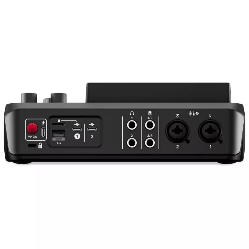 Studijos valdiklis RØDE Caster Duo Black – 2 kombinuoti XLR/TRS, 2 TRS linijiniai išėjimai, 48 kHz, 24 bitai, jutiklinis ekranas, Wi‑Fi, Bluetooth