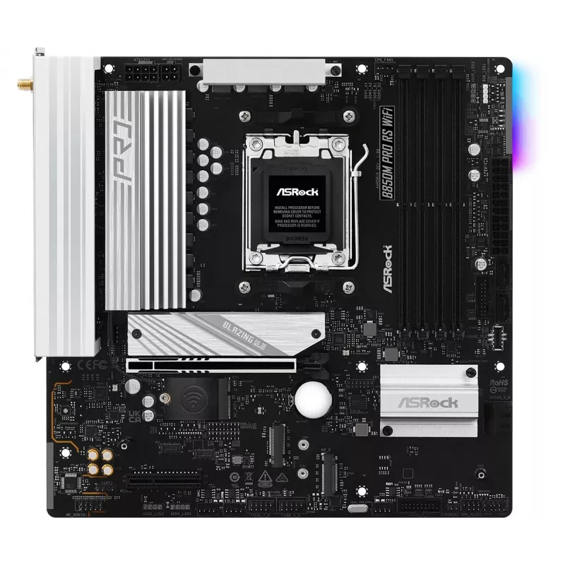 Pagrindinė plokštė ASRock B850M Pro RS WiFi — AMD B850, Socket AM5, microATX, DDR5, 4 DIMM, 256GB, Wi‑Fi 6E, 2.5Gb LAN, 3x M.2