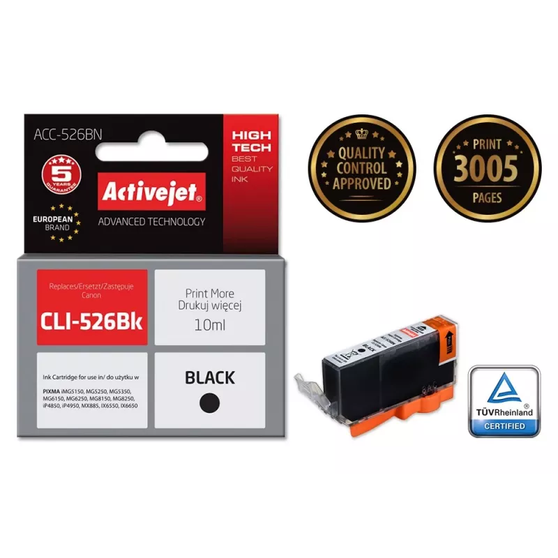 Activejet ACC-526BN rašalas (pakaitalas Canon CLI-526Bk; Supreme; 10 ml; juoda)