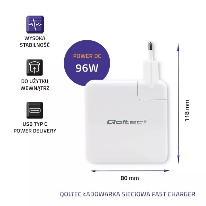QOLTEC 51709, 96W USB-C PD įkroviklis, išėjimo diapazonas 5V–20V