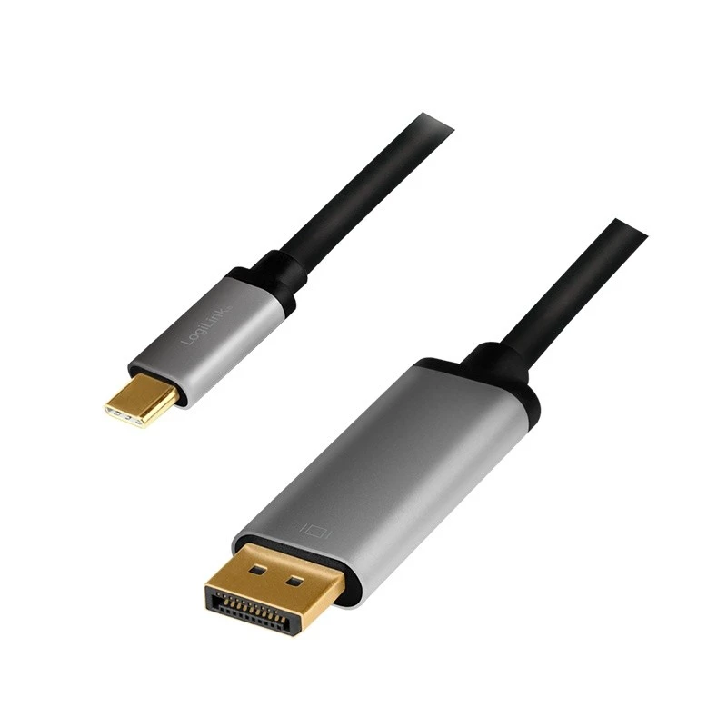 LogiLink CUA0100 Laidinio keitiklio adapteris DisplayPort USB 3.2 Gen1 Type-C 1,8 m juoda pilka