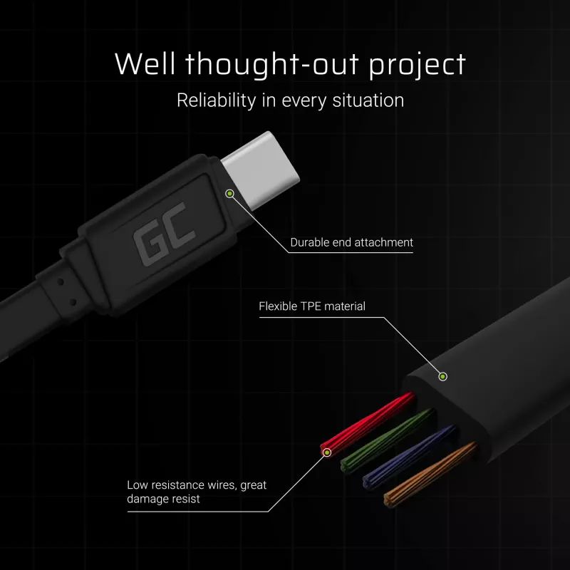 USB A į USB C laidas Green Cell KABGC03 — 0,25 m, juodas, 480 Mbit/s