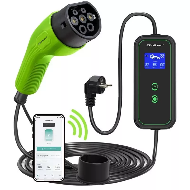 Qoltec Mobile EV Car Charger 2in1 Type2 | 3.5kW | 230V | Wi-Fi | LCD | Nešiojamas | Wallbox | 5m