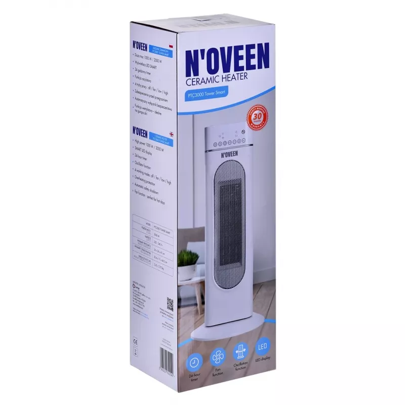 Elektrinis keraminis šildytuvas NOVEEN PTC3000, 2000 W (1200 W min), LED ekranas, laikmatis, nuotolinis valdymas, svyravimas, baltas