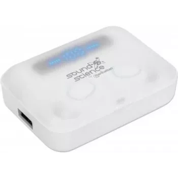 Manhattan belaidės ausinės Bluetooth, baltos, su mikrofonu, valdymo mygtukais, apsaugotos nuo prakaito, triukšmą izoliuojančios, 5 val. veikimo laikas, maks. atstumas 10 m, įkrovimo dėklas su powerbank (1200 mAh), Bluetooth v5.0, USB-A įkrovimo laidas, 3 
