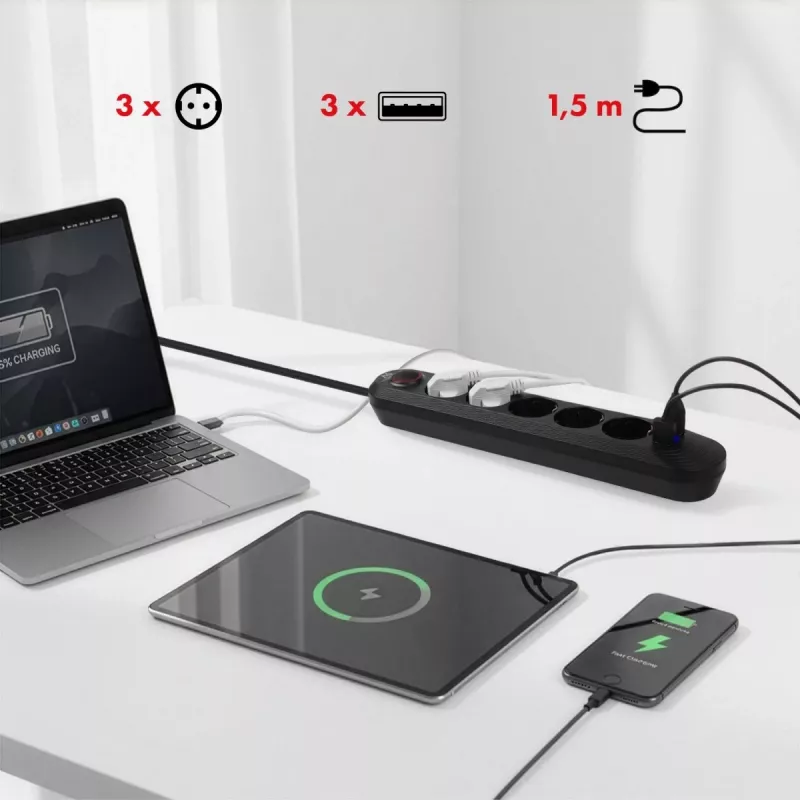 Maitinimo blokas MACLEAN MCE395 B – 5 kištukiniai lizdai, 3×USB, 110–240V AC, 2.1A USB, 2500W, 1,5 m laidas, juodas