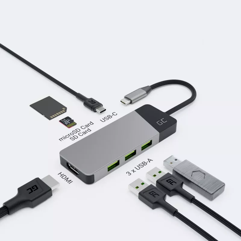 USB Type-C centrinis įrenginys Green Cell HUBGC01 — 7 prievadai: 3×USB-A 3.2 Gen 1, 1×USB-C 3.2 Gen 1, HDMI, microSD+SD kortelių skaitytuvas — sidabrinis