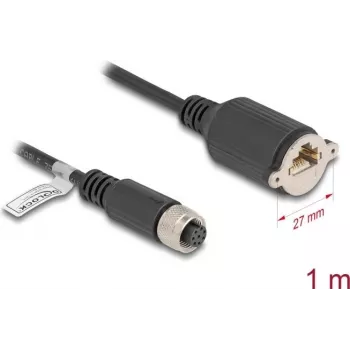 Tinklo kabelis DeLOCK M12 A-koduotas 8 kontaktų moteriškas į RJ45 lizdą Cat.5e FTP 1 m juodas