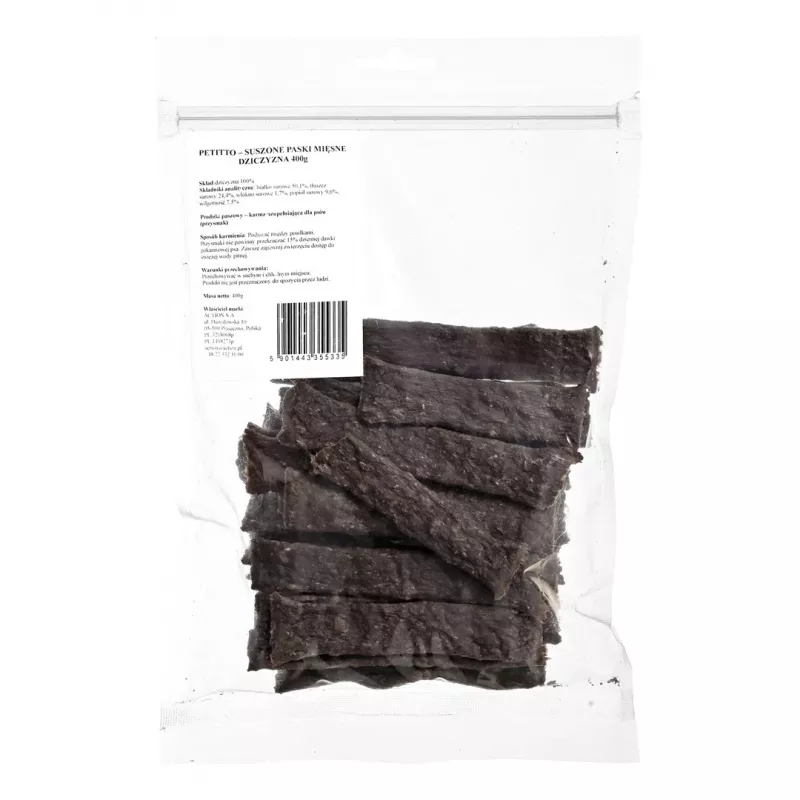 Šunų skanėstai PETITTO Džiovintos mėsos juostelės Žvėriena 400 g – vienas ingredientas, elniena, 50,1 % baltymų