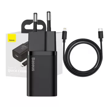 Baseus Super Si Greitasis Įkroviklis 1C 20W su USB-C į Lightning laidu 1m (juodas)