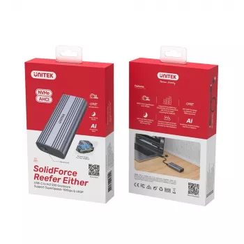 SSD korpusas Unitek SolidForce Reefer pilkas — M.2 NVMe PCIe, USB‑C 10 Gbit/s, aliuminis, 1 diskas
