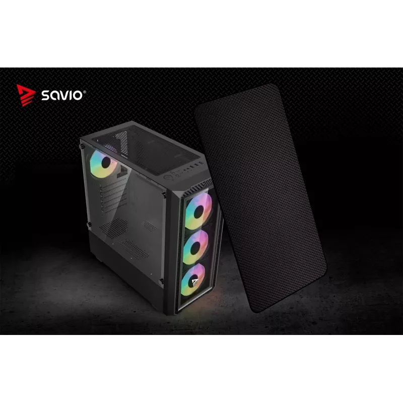 PC korpusas SAVIO Noctis Glass RGB — Juodas, ATX/Micro-ATX, 210×410×450 mm, 3×120 mm priekiniai ventiliatoriai
