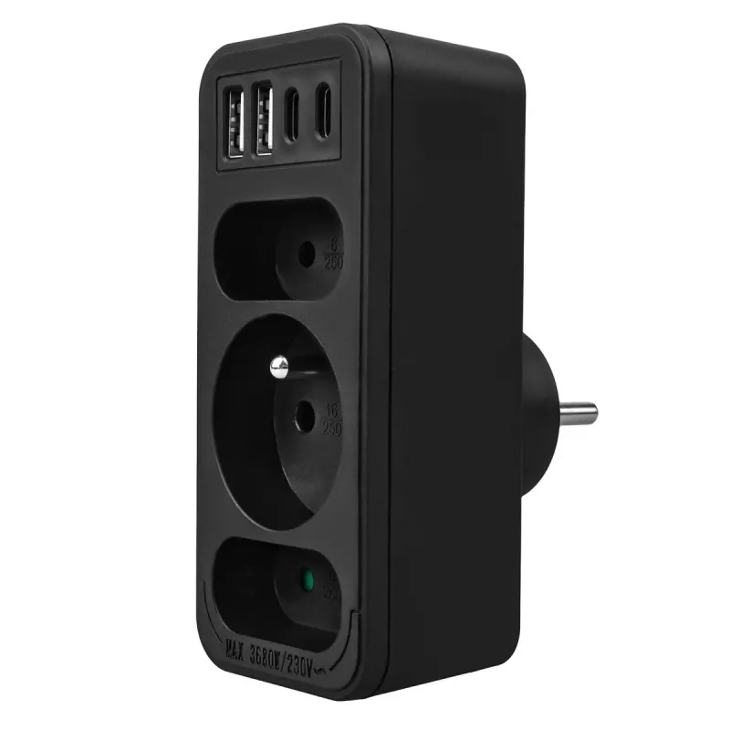 Maitinimo skirstytuvas MACLEAN MCE248 F/B – 3 AC lizdai (1x16A, 2x6A) ir 4 USB prievadai (2xUSB‑A, 2xUSB‑C PD 20W), EU kištukas, juodas