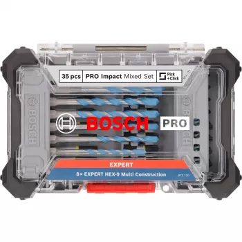 Gręžtuvų ir antgalių rinkinys Bosch PRO 35 vnt. 2608522518 – gręžimo ir sukimo antgaliai metalui, medžiui, mūrui