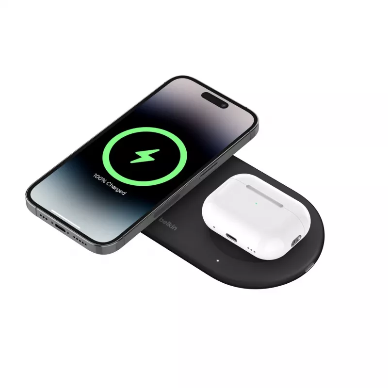 Belkin WIZ021VFBK – 2-in-1 belaidžio įkrovimo padėklas su Qi2 technologija 15 W, juodos spalvos