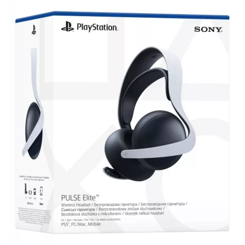 Ausinės Sony PULSE Elite, laidinės ir belaidės, žaidimų, Bluetooth, juodos ir baltos, su įkrovimo stovu