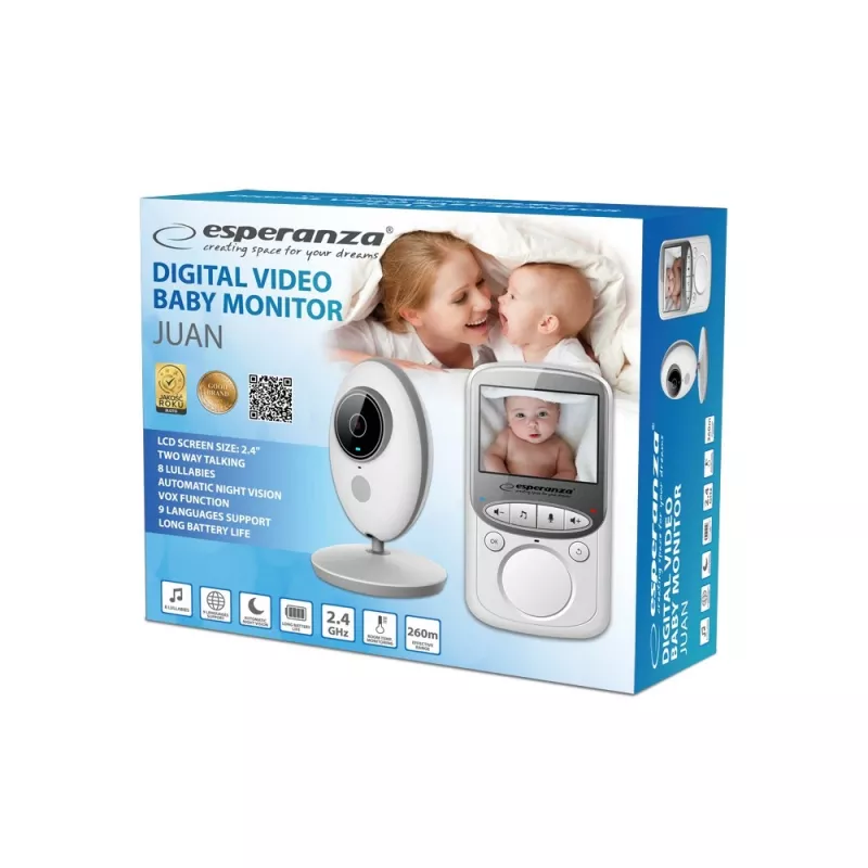 Vaizdo kūdikio monitorius ESPERANZA EHM003 — 2,4 col. LCD, 640×480, naktinis matymas 5 m, temperatūros jutiklis, dvipusis garsas, LiPo 750 mAh, diapazonas iki 50 m