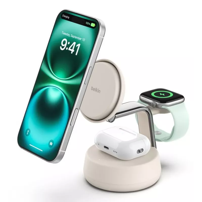 Belaidis USB įkroviklis Belkin Qi2 WIZ040KQSD — 25 W, USB maitinimas, 1,5 m laidas, baltas, skirtas išmaniajam telefonui, išmaniajam laikrodžiui, ausinėms, fitneso apyrankei