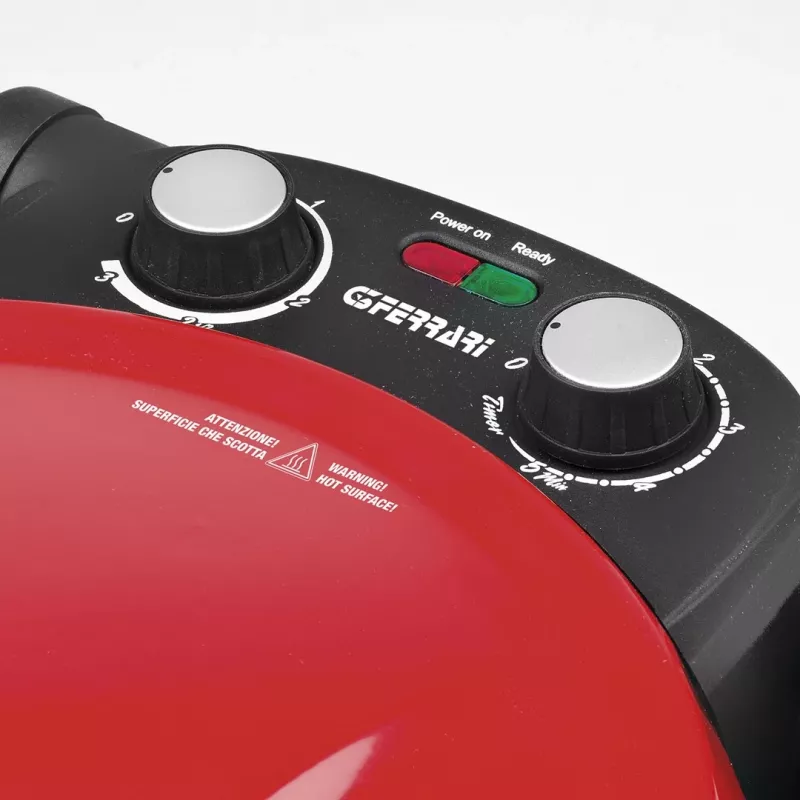 Picos kepimo aparatas G3FERRARI G10032 — 1200 W, akmens kepimo paviršius, iki 400 °C, 31 cm pica, mechaninis laikmatis, raudonas